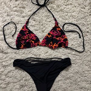 Rip-Curl Black Red and Pink Floral Beaded Bikini Set Size M